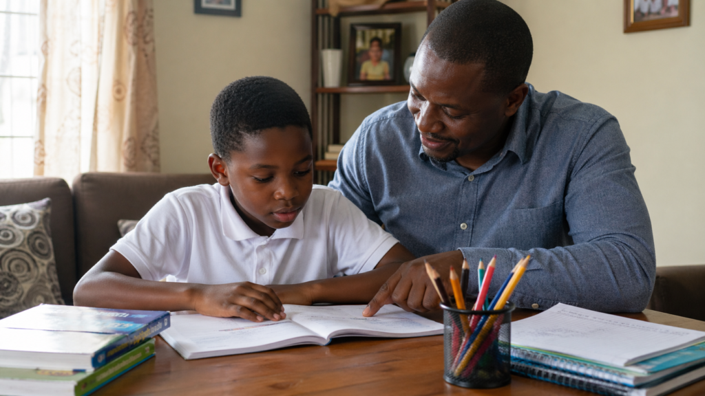 Parent helping a child with studying at home