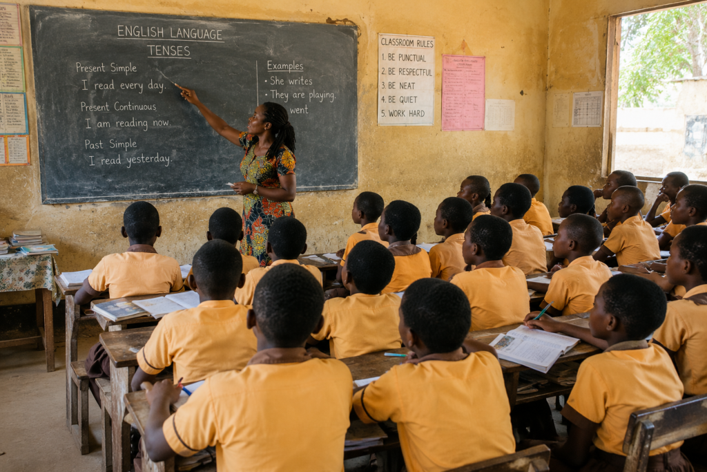 Teacher explaining a lesson to many students in a low resource classroom using a chalkboard and simple learning materials.