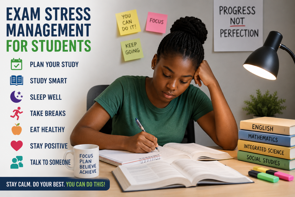 Student studying at a desk with exam stress management tips such as planning, studying smart, sleeping well, taking breaks, eating healthy, staying positive, and asking for help.