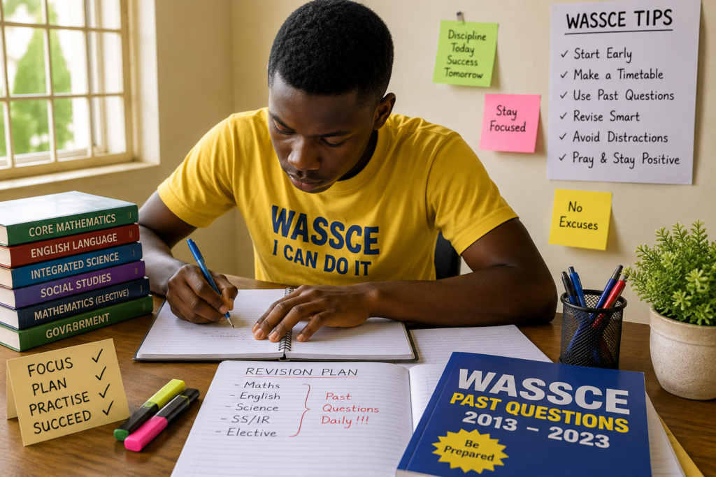Ghanaian student revising before WASSCE with study timetable and textbooks